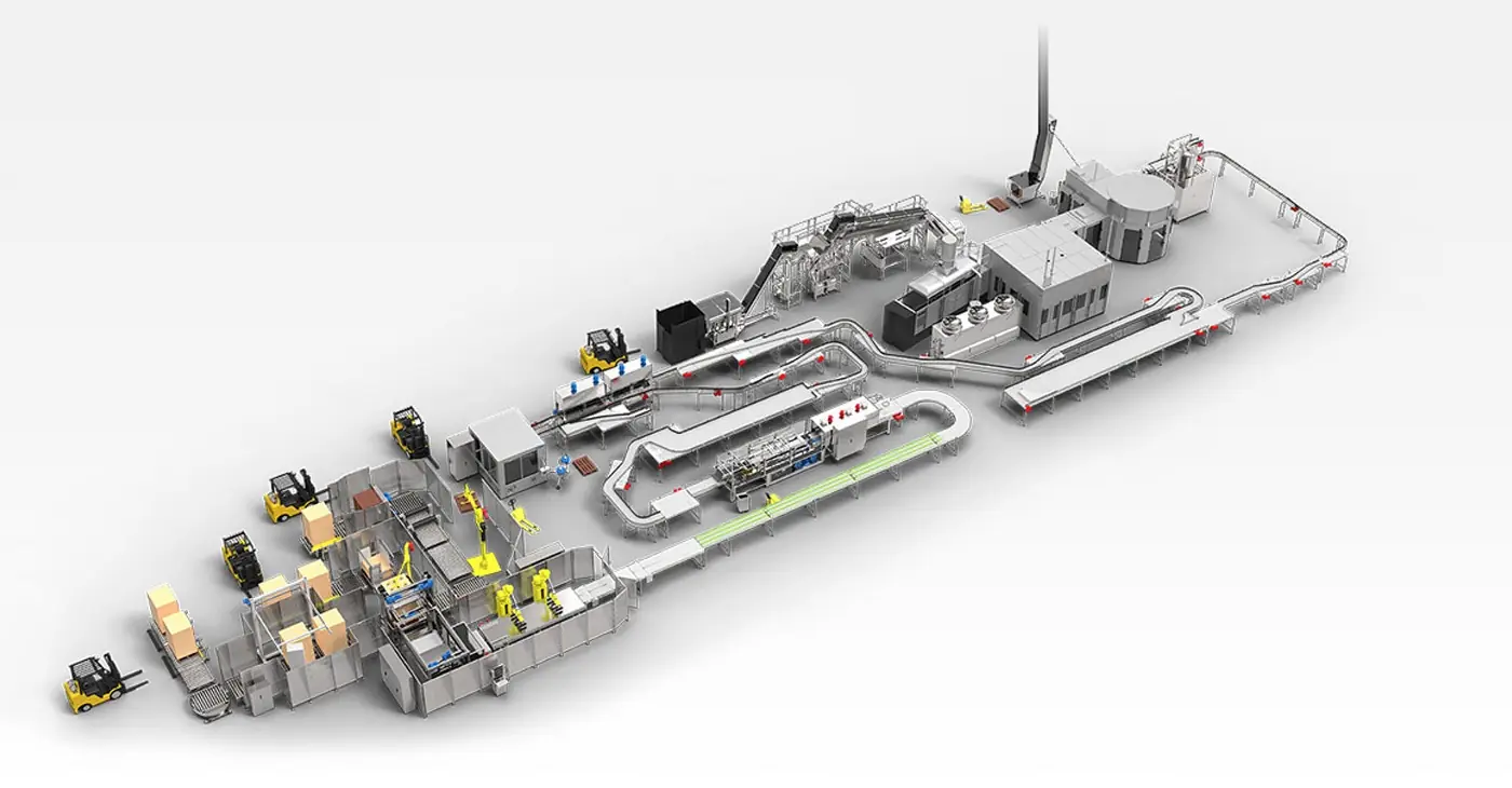 Rendering of a complete liquid packaging line from treatment to packing